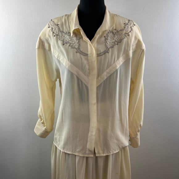 VINTAGE Cedars Beige Top Skirt Silk Floral Embroidered Button-Up Set Size 8 VTG - Picture 4 of 16
